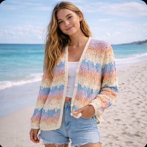 Vintage 80’s Quips colorful knit pastel cardigan sweater hand pockets size small